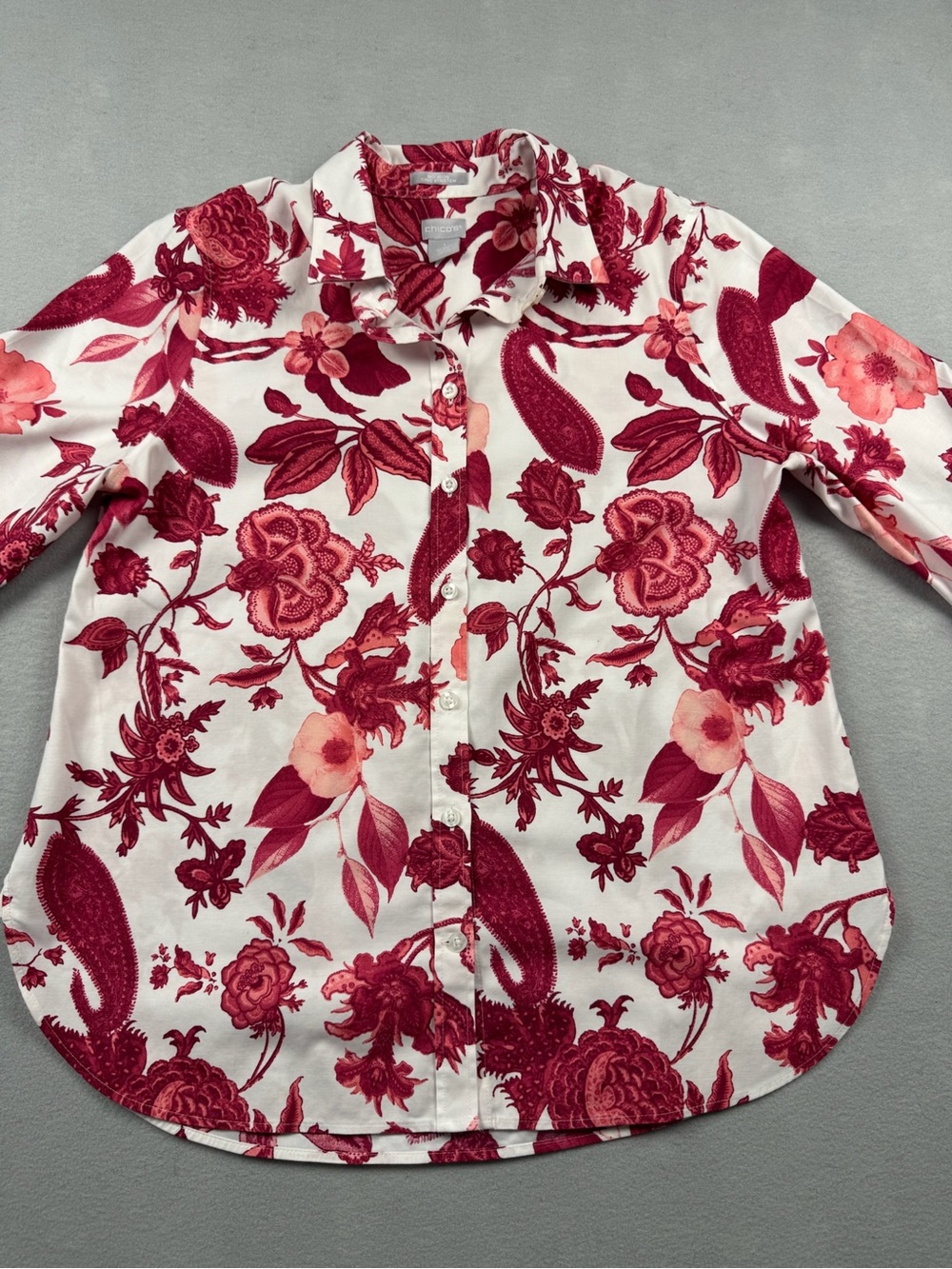 Chicos No iron Stretch White & Pink Floral Button Blouse Sz 1 (US 8) 3/4 Sleeve
